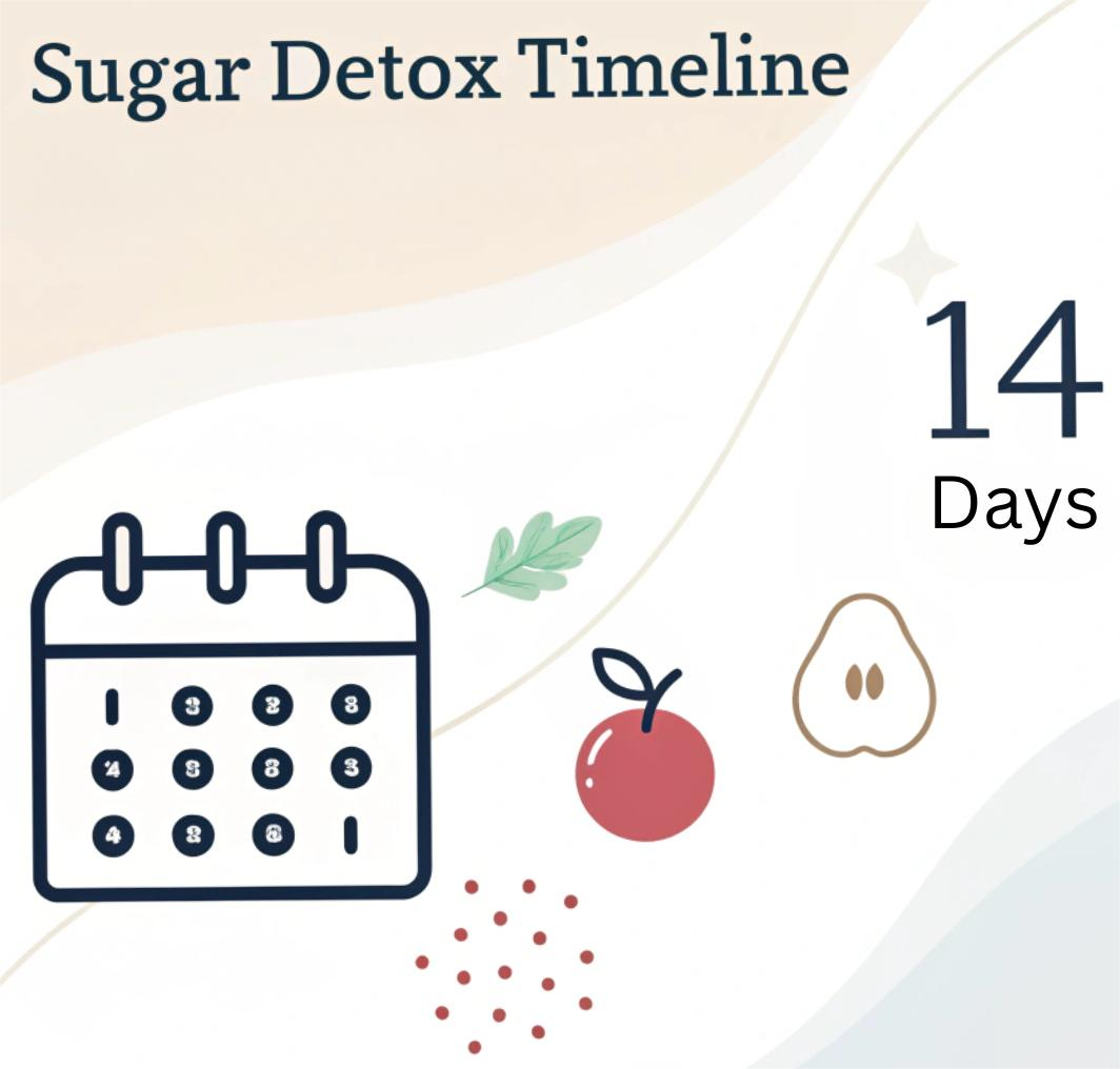 Sugar detox timeline graphic showing a 14-day adjustment period