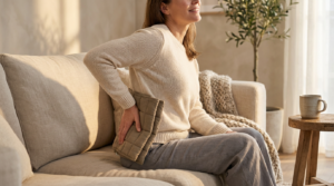 Person holding a heating pad against the side of the lower back at home