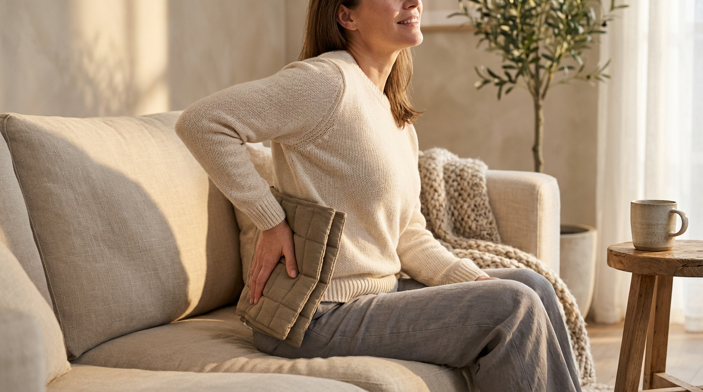 Person holding a heating pad against the side of the lower back at home