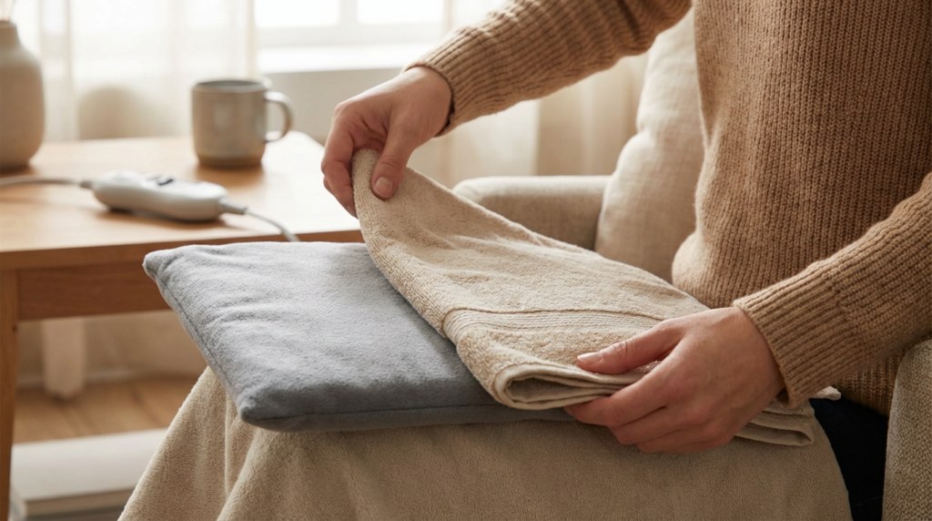 Hands placing a towel barrier between skin and an electric heating pad