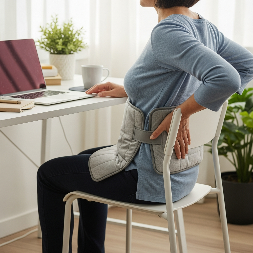 Person at a home office desk using a heating pad for lower back comfort