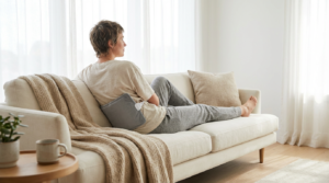 Person relaxing on a sofa using a heating pad for back pain