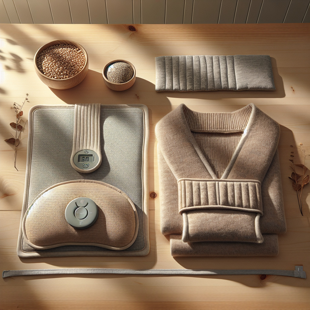 Electric heating pad, wrap-style pad, and microwavable heat pack on a table