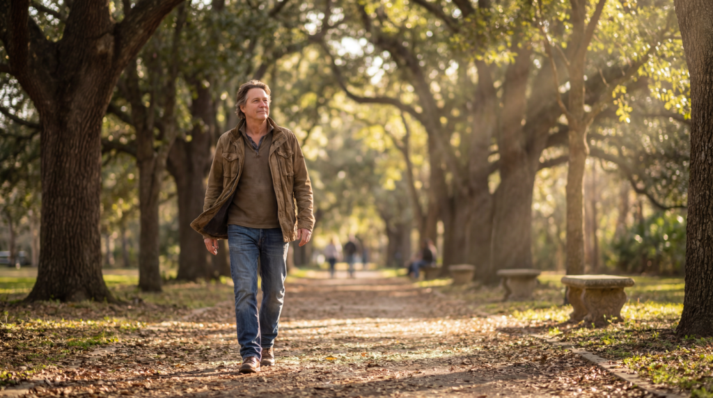 Person walking gently outdoors as a comfort-friendly movement break