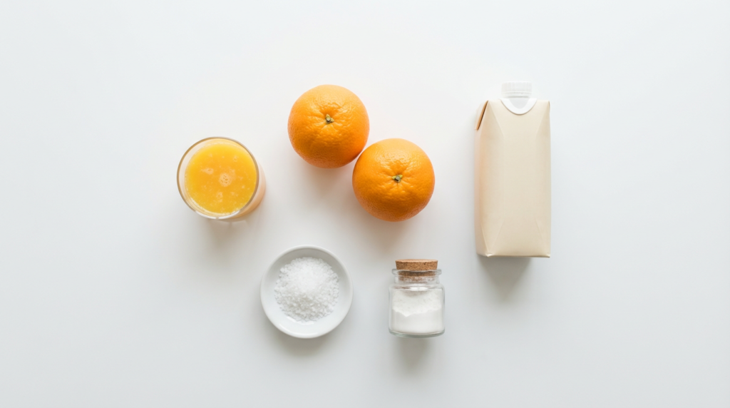 Flat lay of adrenal cocktail ingredients including orange juice, coconut water, sea salt, and cream of tartar