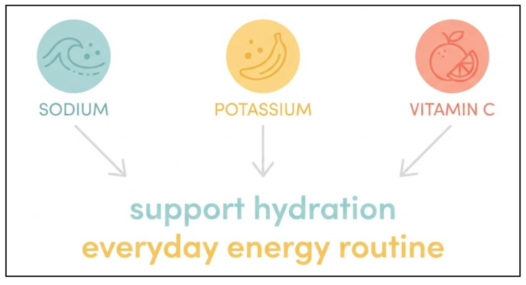 Infographic showing sodium, potassium, and vitamin C as the adrenal cocktail ingredient trio