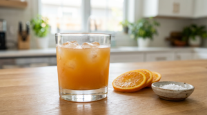Adrenal cocktail in a glass with orange slices and sea salt on a kitchen counter