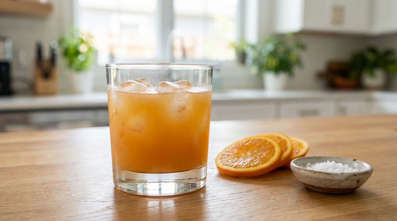 Adrenal cocktail in a glass with orange slices and sea salt on a kitchen counter