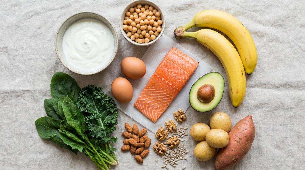 Flat lay of foods often associated with B vitamins, including fish, eggs, chickpeas, bananas, avocado, and leafy greens