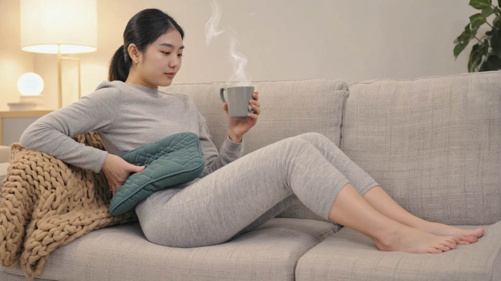 Person relaxing on a couch using a heating pad on the lower back over clothing