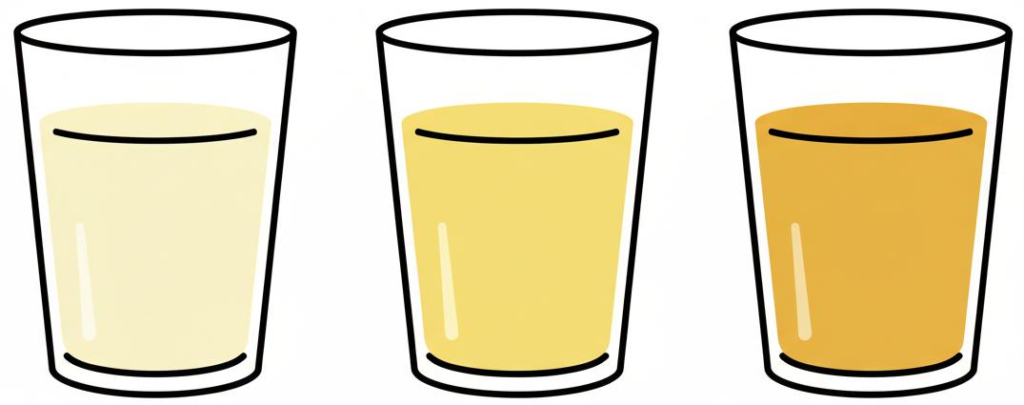 Simple hydration color guide showing three glasses from pale yellow to darker yellow