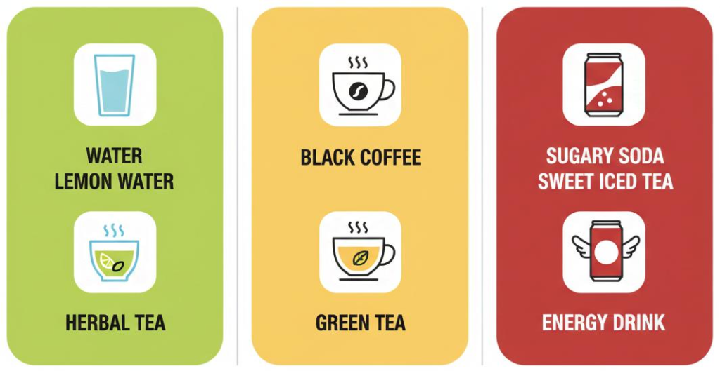 Traffic-light infographic for caffeine and kidney stones showing better and less supportive drink choices