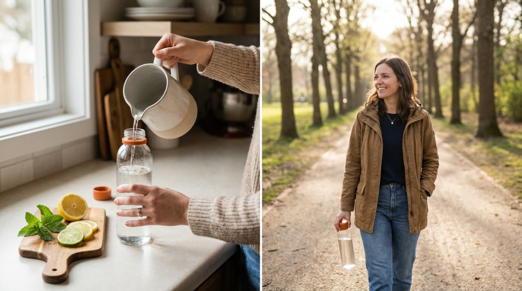 Lifestyle image showing hydration and gentle daily movement in a calm, natural setting