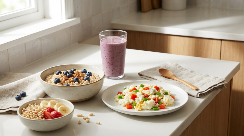 Kidney-friendly breakfast ideas including oatmeal with berries, egg white scramble, and a smoothie