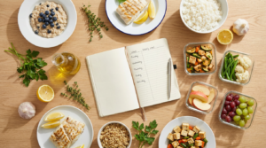 Practical 7 day meal plan for kidney disease flatlay with simple home-cooked meals including fish, rice, and vegetables