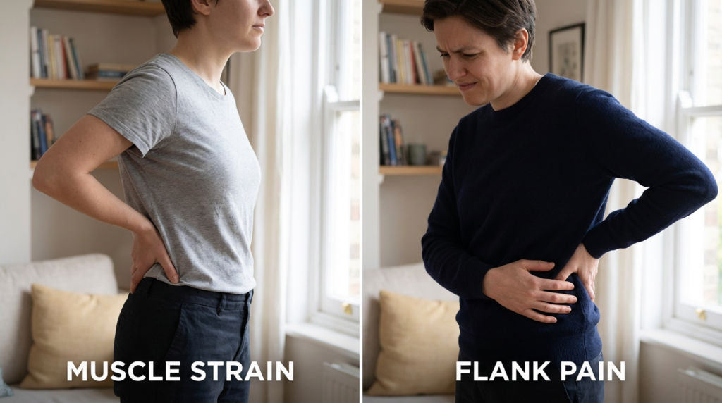 Side-by-side visual comparison showing differences between typical muscle back discomfort and flank-area pain