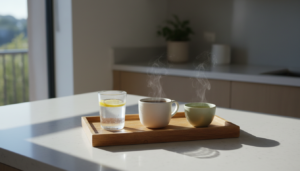 Caffeine and kidney stones: lemon water, black coffee, and green tea on a kitchen counter