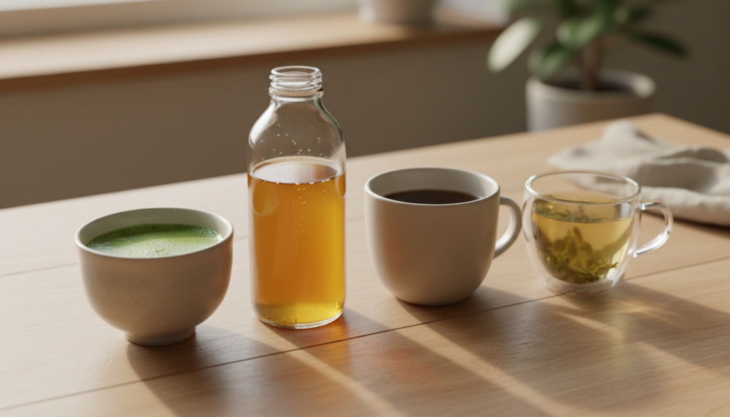 Matcha, kombucha, black tea, and green tea arranged on a table for a tea comparison