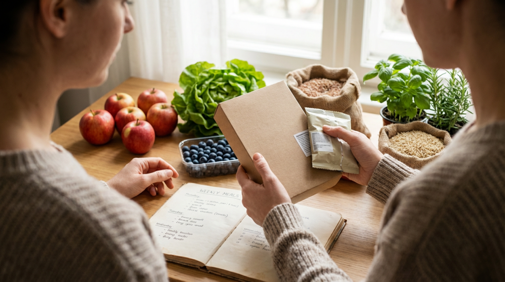 Person reading food labels while planning a kidney-friendly weekly menu at a kitchen table