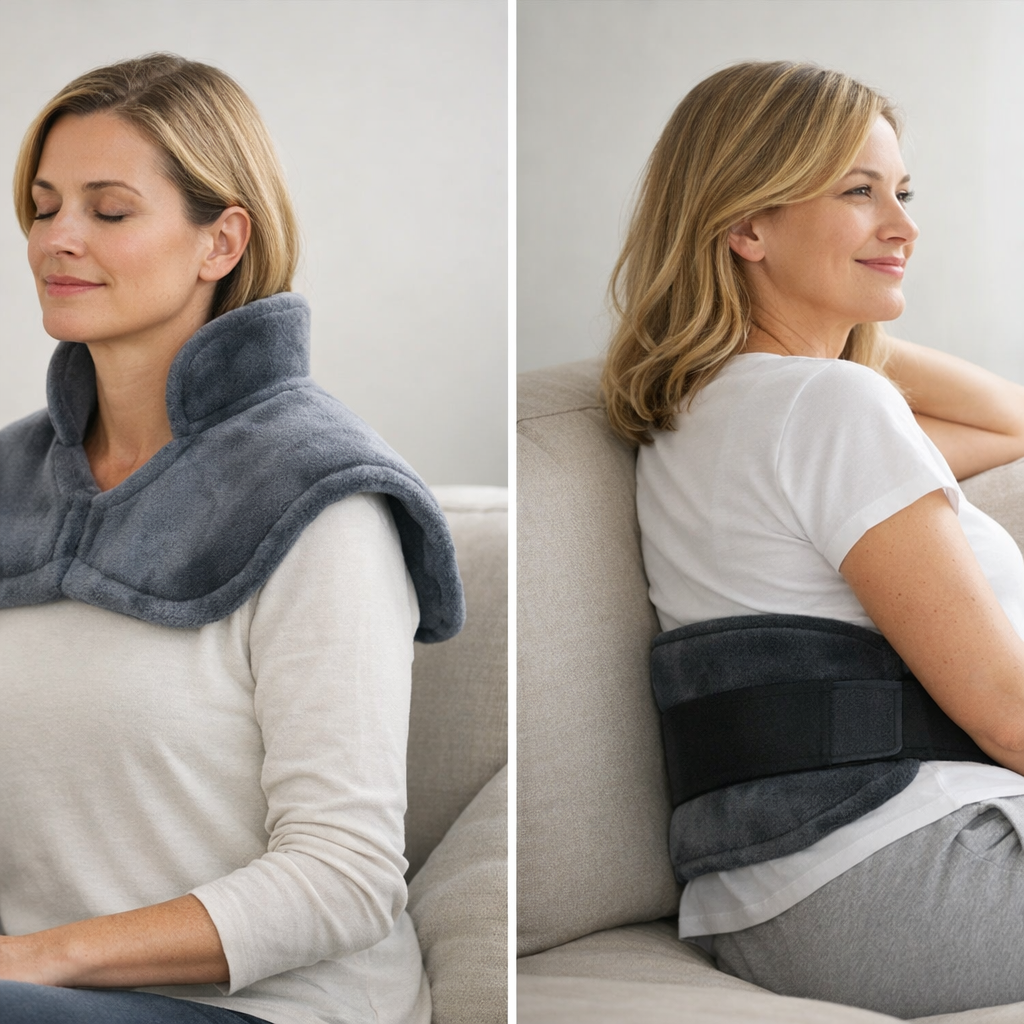 Side-by-side view of a shoulder heating wrap and a lower back heating wrap