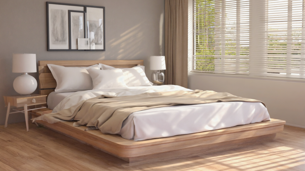 Neatly made bed with supportive pillows in soft morning light