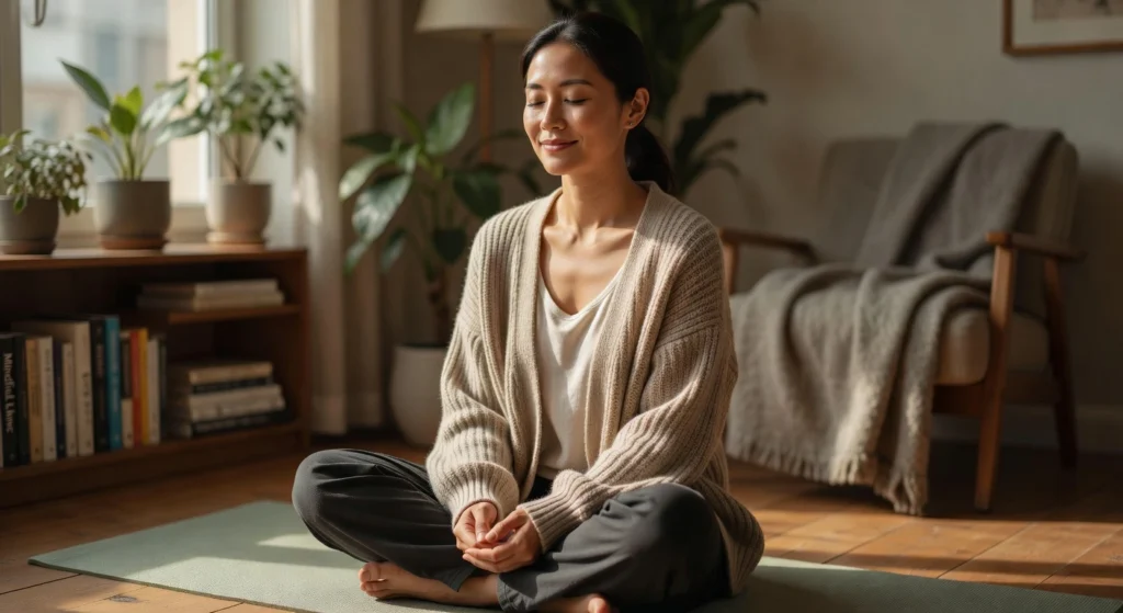Person sitting on a yoga mat with relaxed posture after a short somatic routine