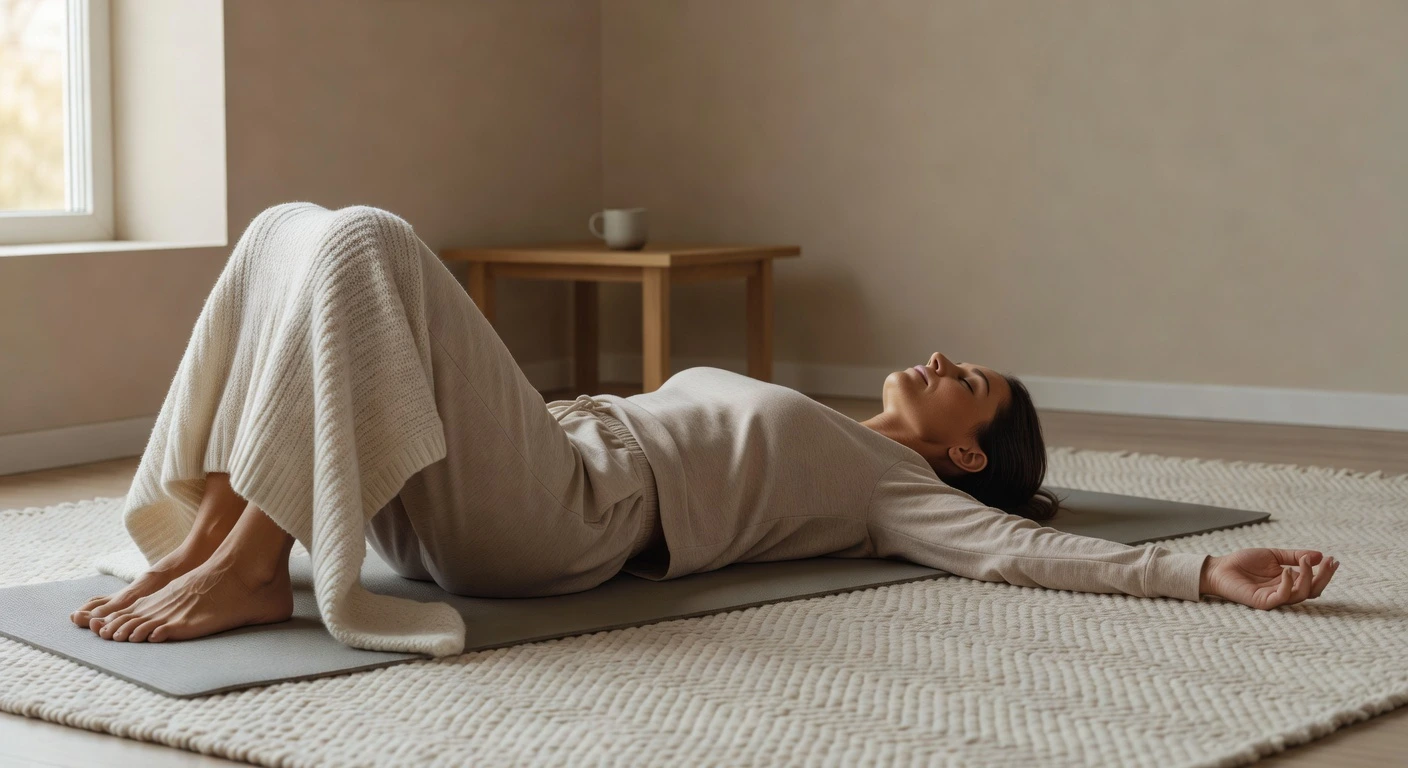 Person lying on a yoga mat at home in a gentle resting position for somatic exercises