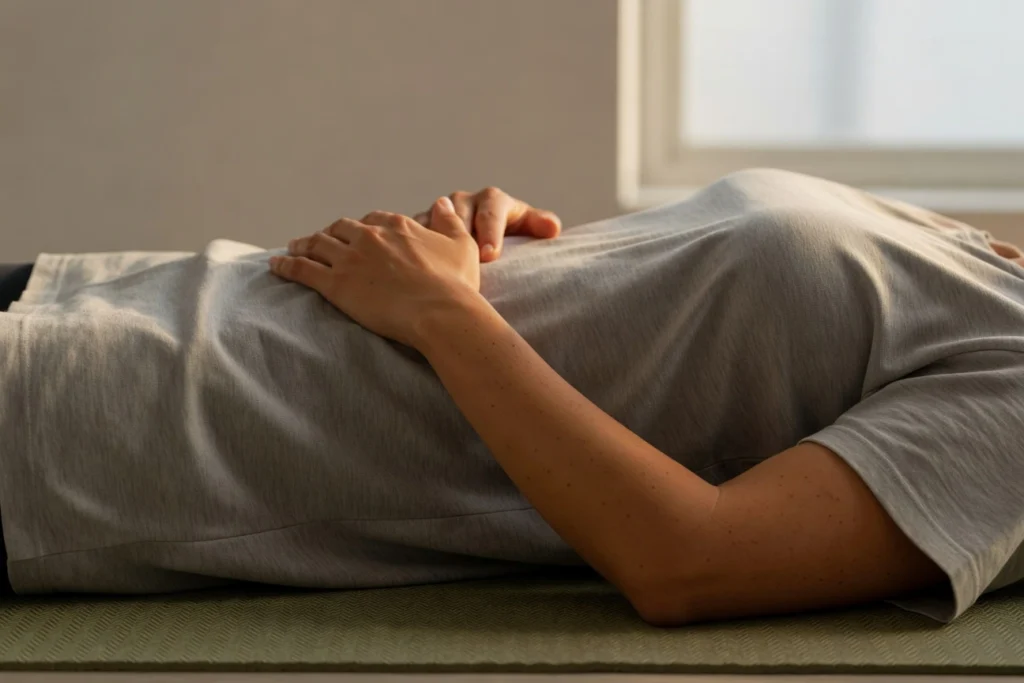 Close-up of hands resting on the belly during a grounding breath in somatic practice