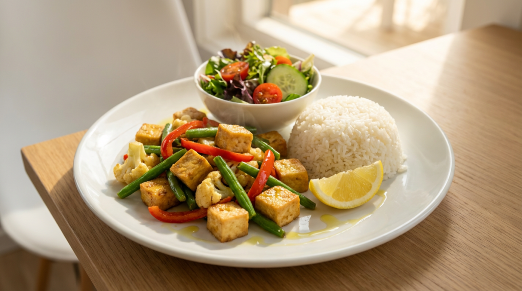 Vegetarian renal diet meal idea featuring a tofu and vegetable stir-fry with white rice