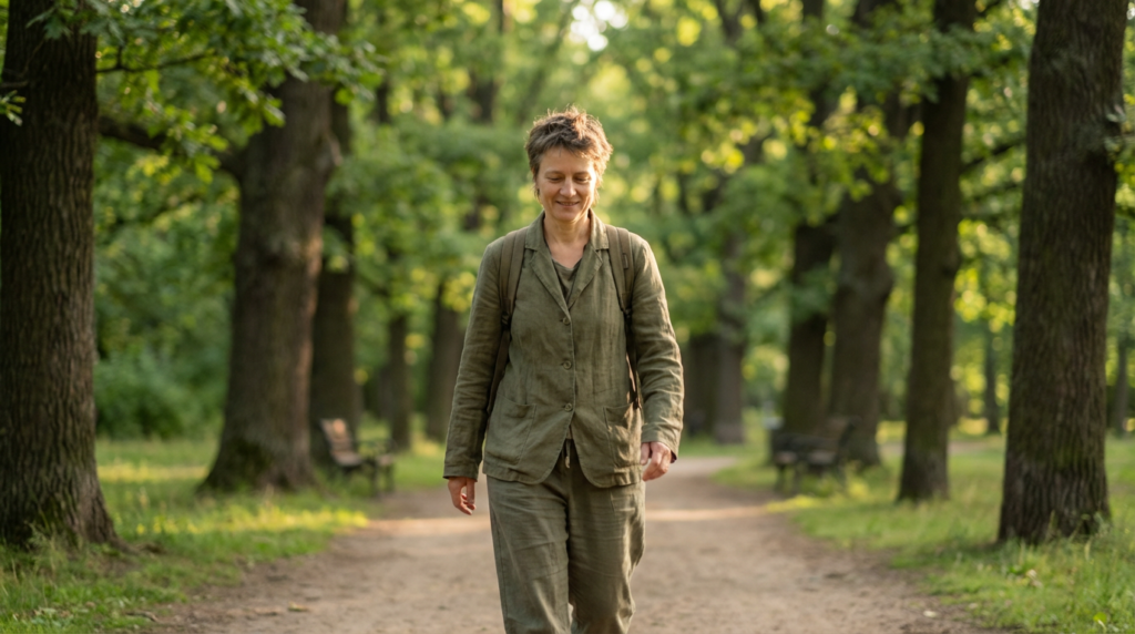Person walking outdoors in morning sunlight as part of a healthy routine that may support vitamin D