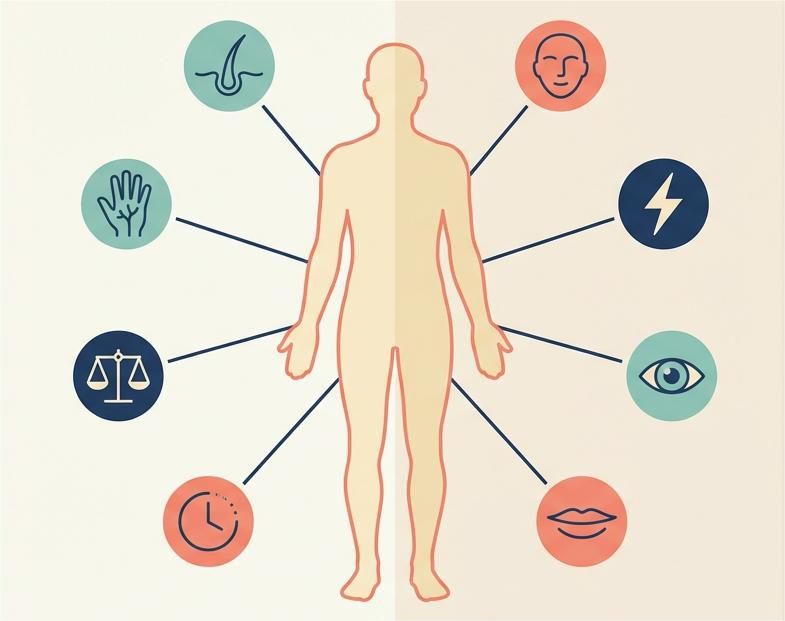 Simple infographic with icons for hair, skin, energy, eye twitching, and mouth sores to show common vitamin deficiency symptom areas