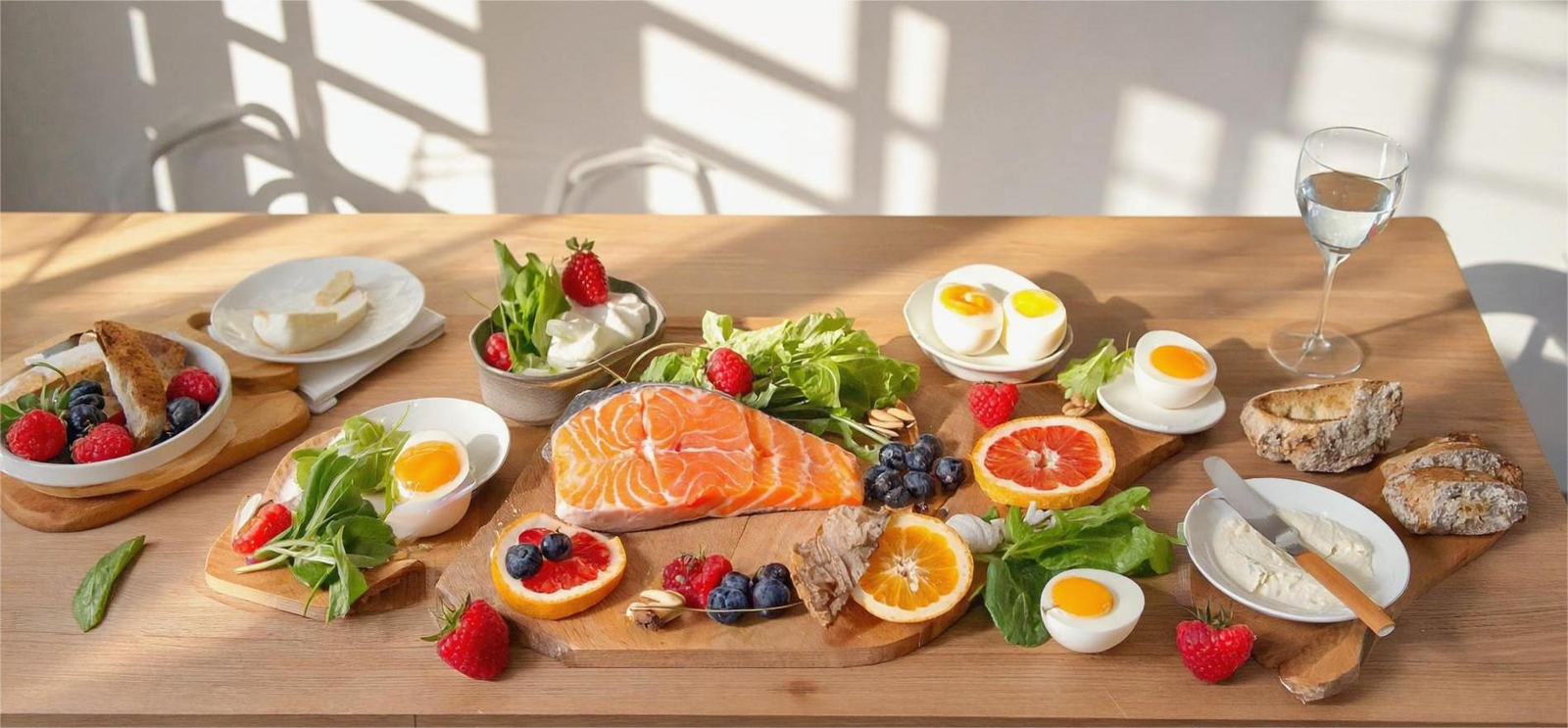 Colorful whole foods on a table in natural sunlight, representing everyday nutrition for vitamin balance