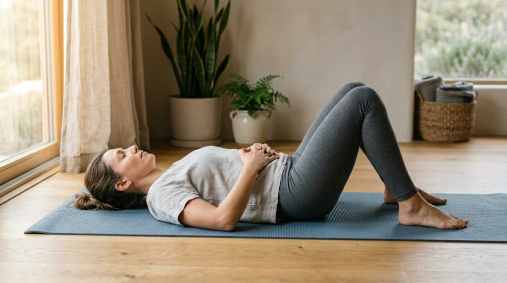 Person lying on back with knees bent and resting together, hands placed on belly in constructive rest position