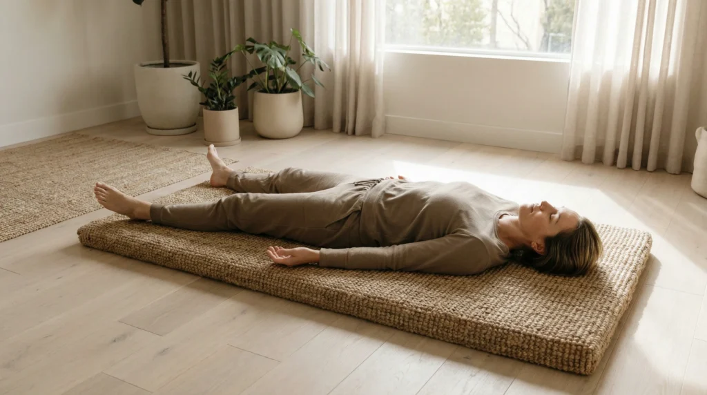 Person lying flat on back with legs extended and palms facing upward in a relaxed resting pose