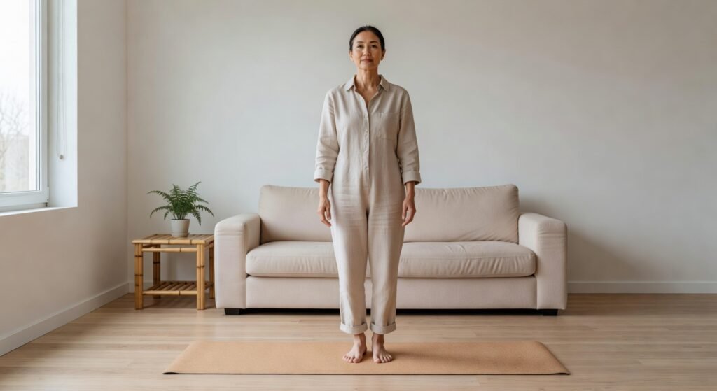 Adult standing barefoot on a yoga mat with knees slightly bent, gently shaking arms in a relaxed somatic exercise