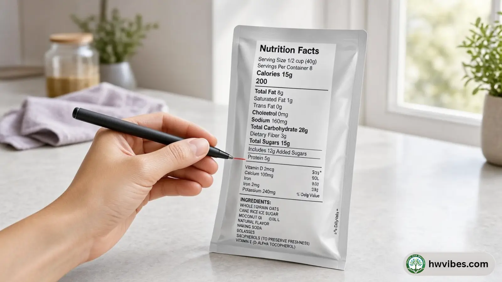 Close-up of a generic nutrition label showing an ingredients list and added sugars line