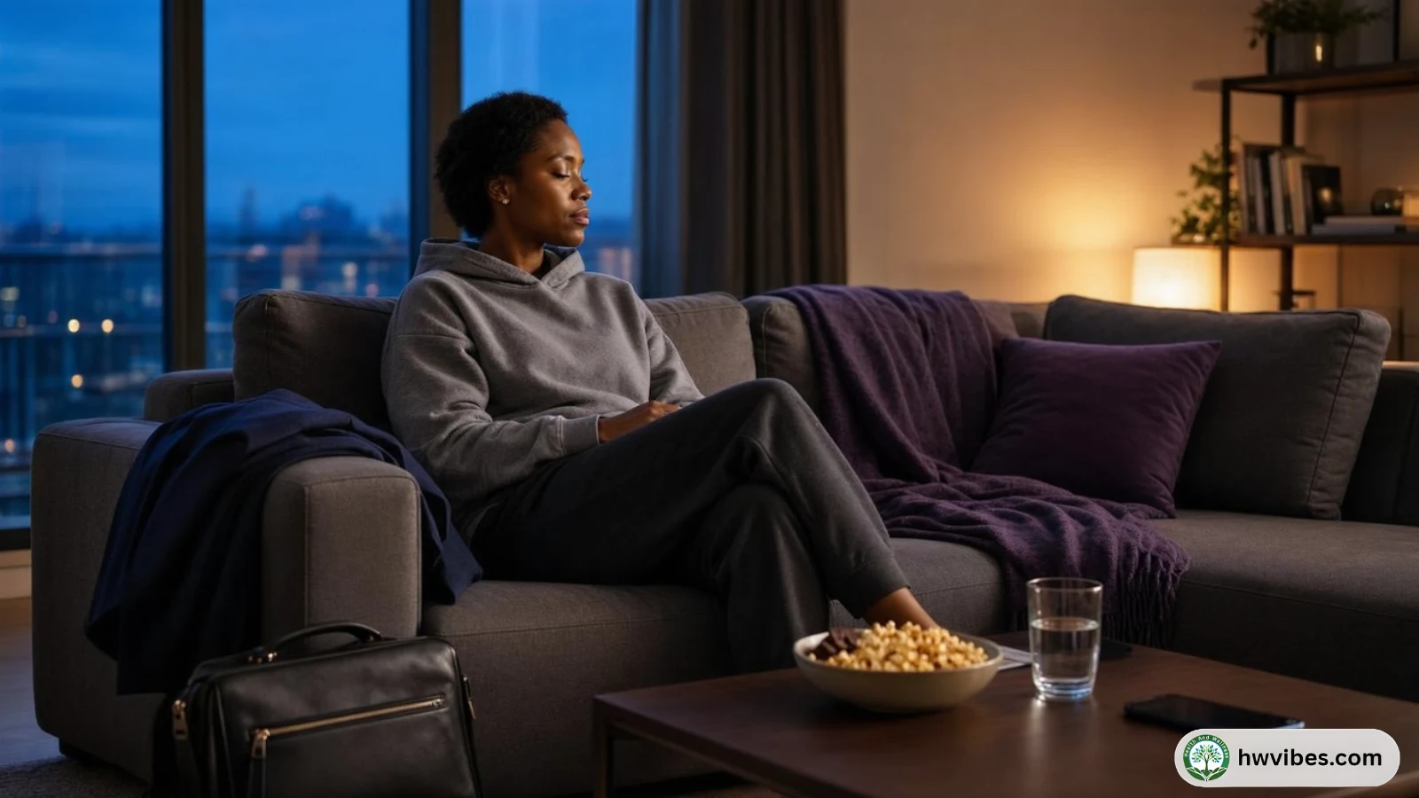Person sitting on a couch after work with a snack on the table and a tired posture