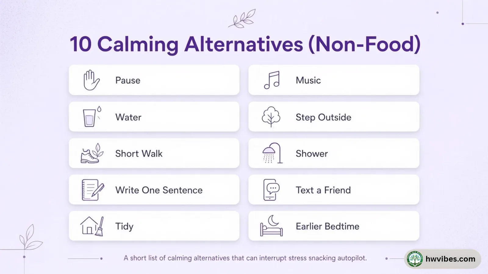Checklist graphic with calming alternatives to try instead of stress snacking