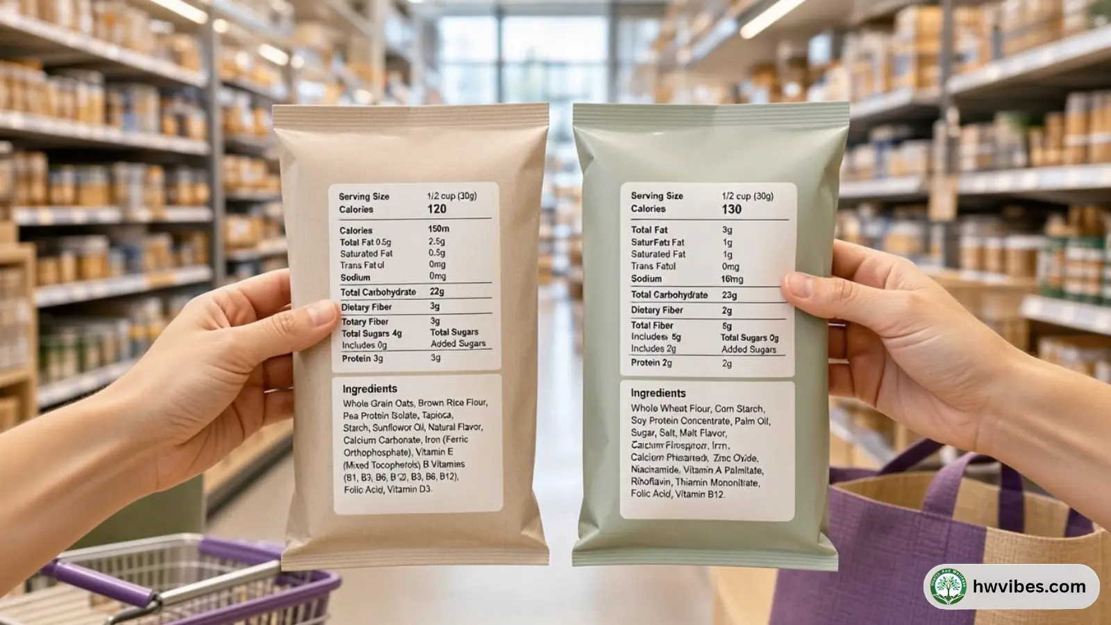 Hands comparing two unbranded products showing nutrition labels and ingredients