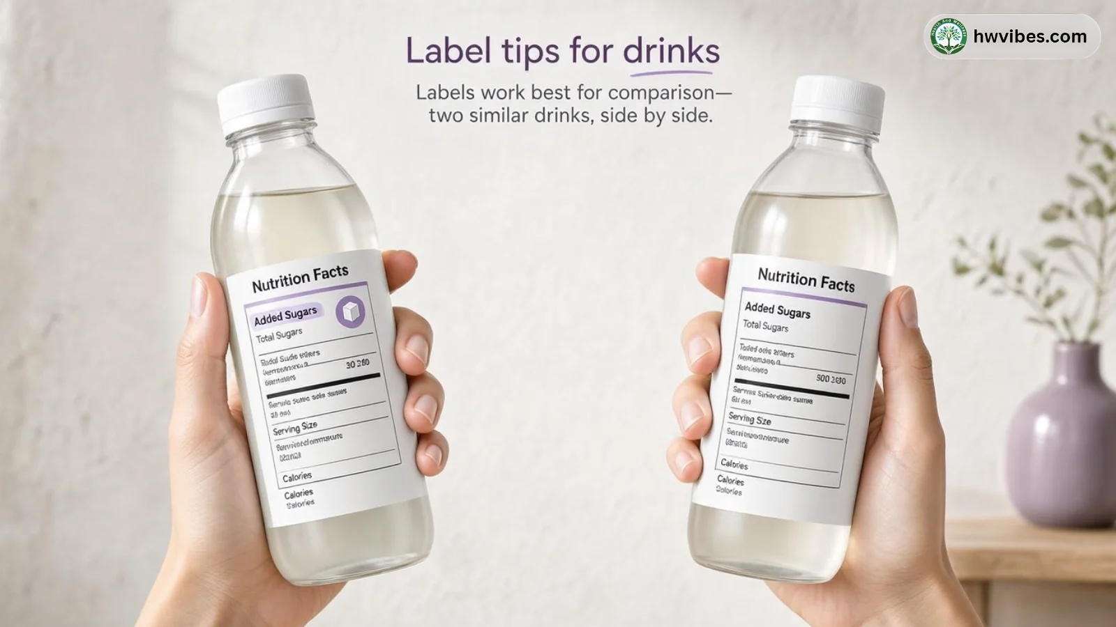 Hands comparing two unbranded drink bottles by reading nutrition labels