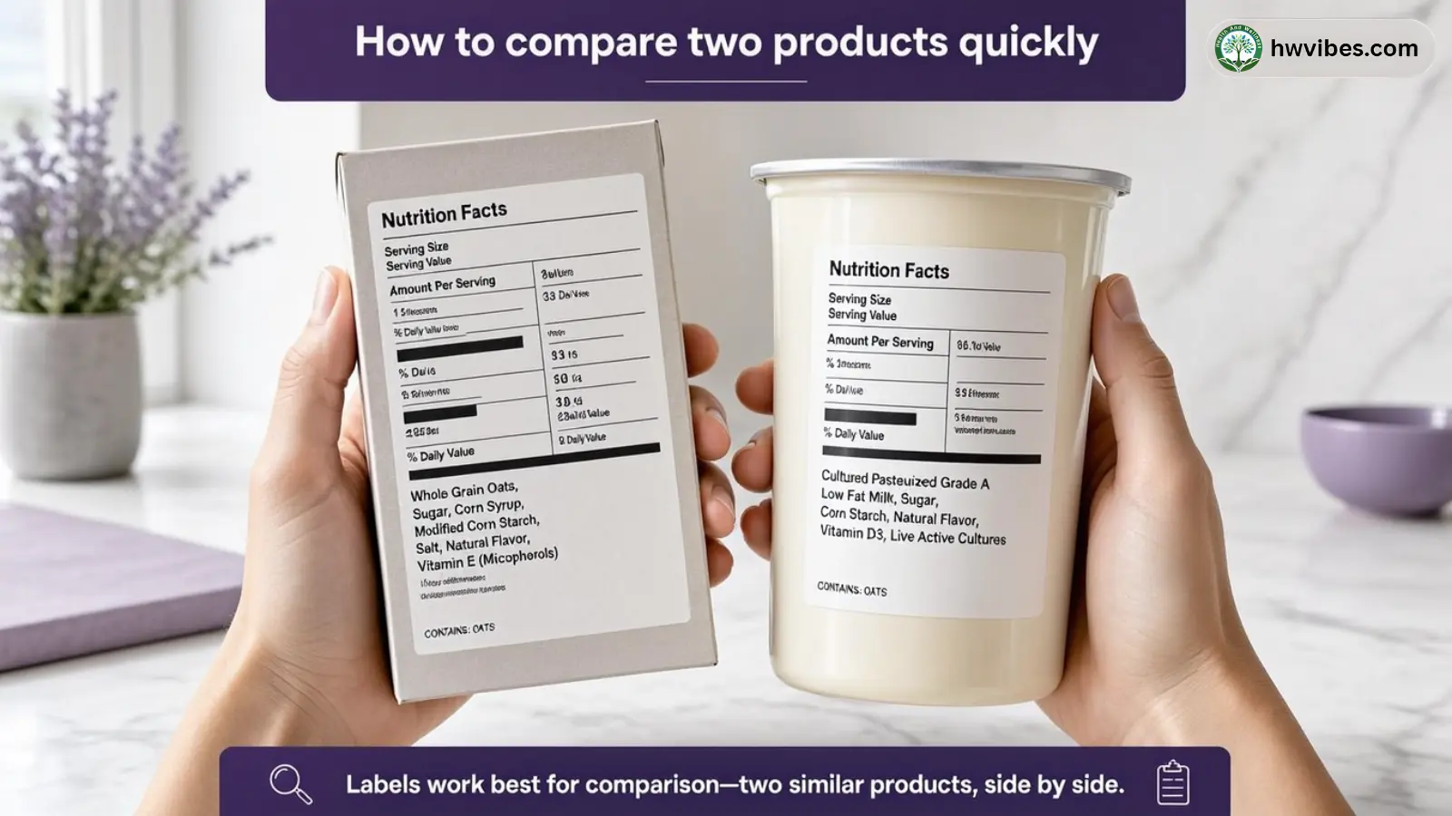 Hands comparing two similar packaged foods by reading the nutrition labels