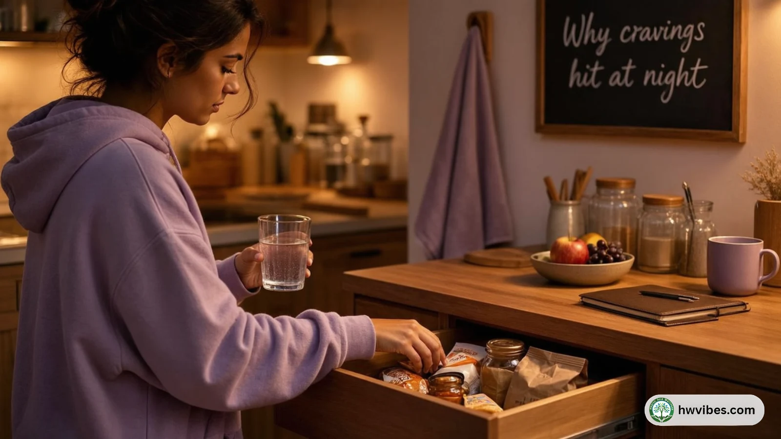 Calm evening kitchen scene with a person reaching for a snack drawer while holding a glass of water
