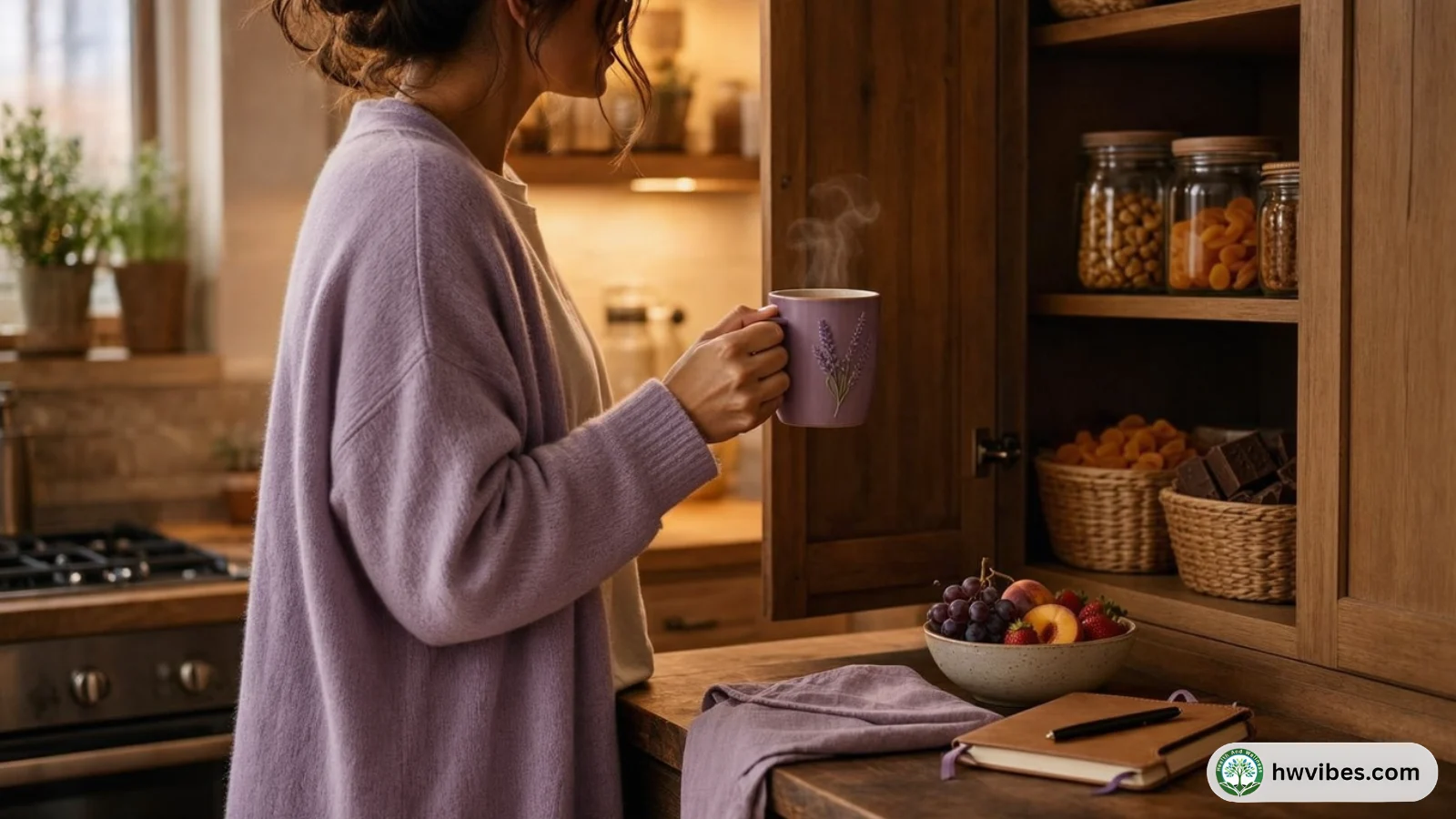 Calm evening kitchen scene showing a person looking at snacks while holding tea