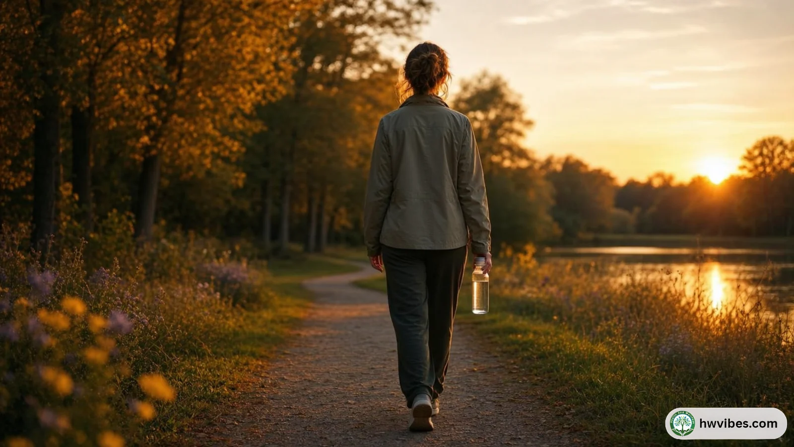 Calm outdoor walk scene with water bottle and soft evening light