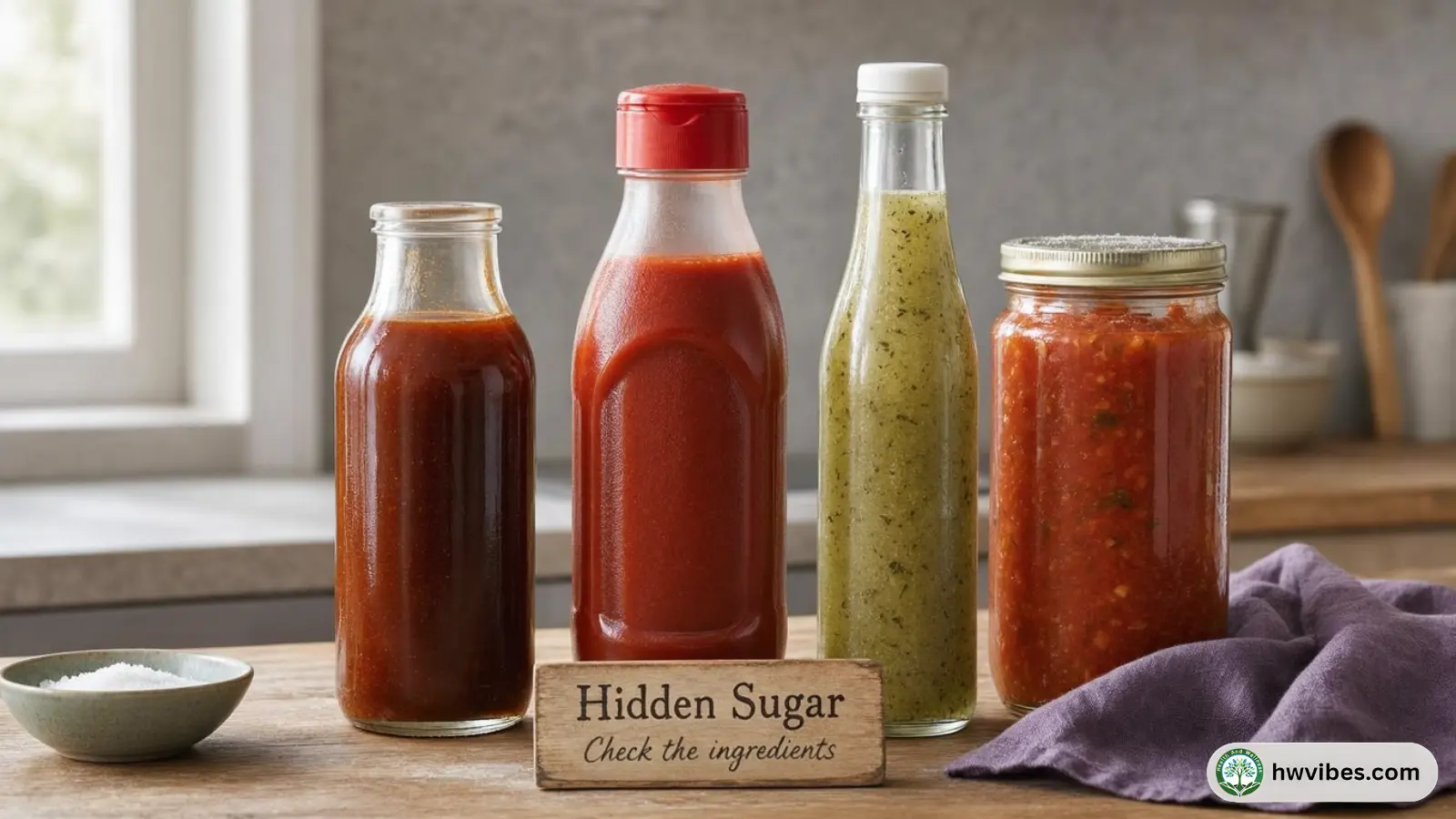 Kitchen counter with common condiments like ketchup, barbecue sauce, and salad dressing