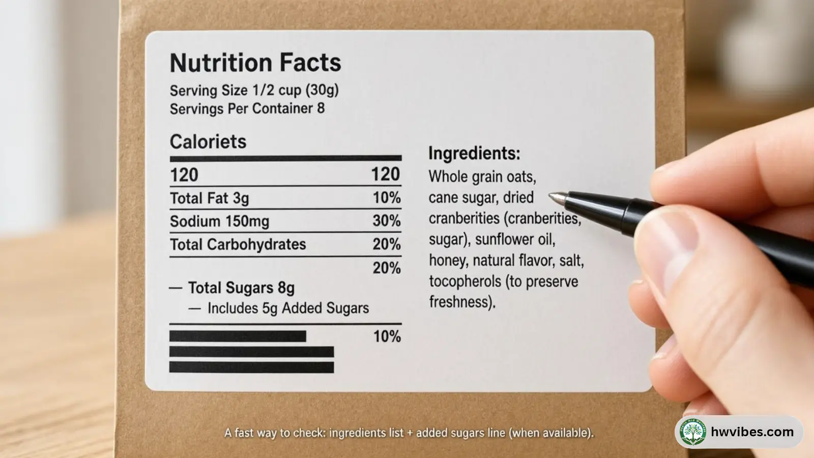 Close-up of a nutrition label and ingredients list with a pen pointing at added sugars