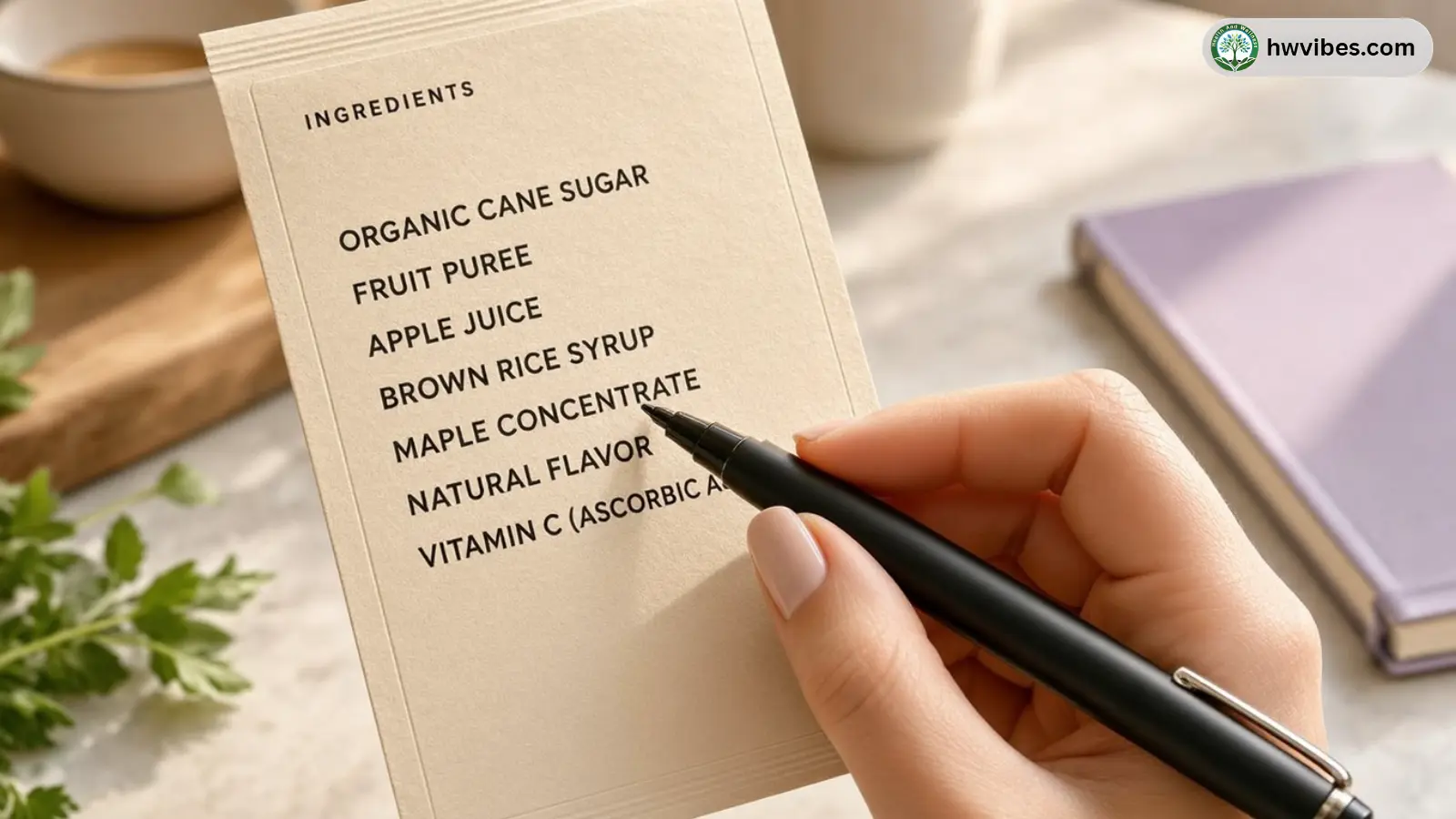 Close-up of a generic ingredients list with a pen pointing to sweetener names