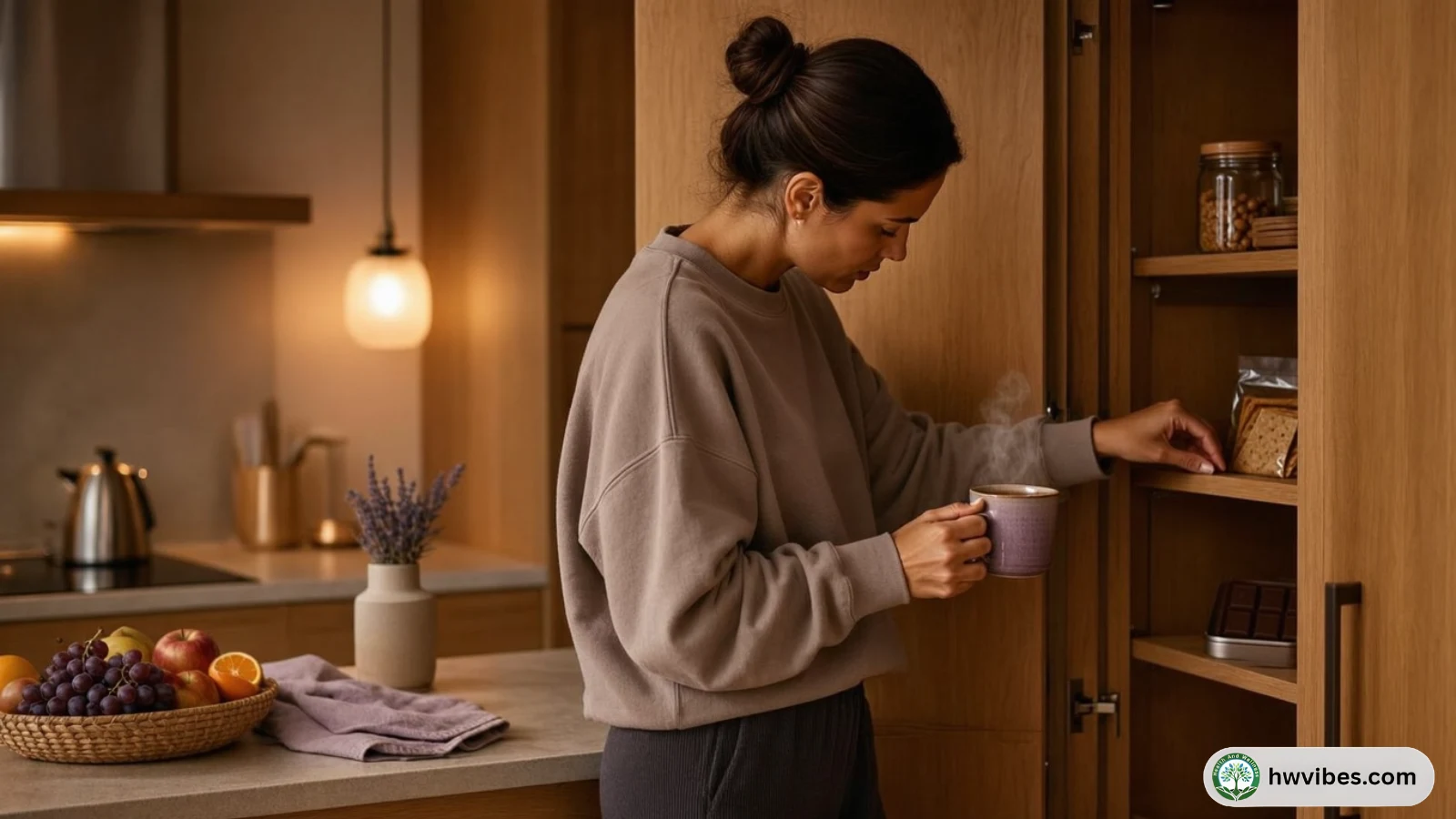 Calm evening kitchen scene with a person reaching for snacks while looking tired
