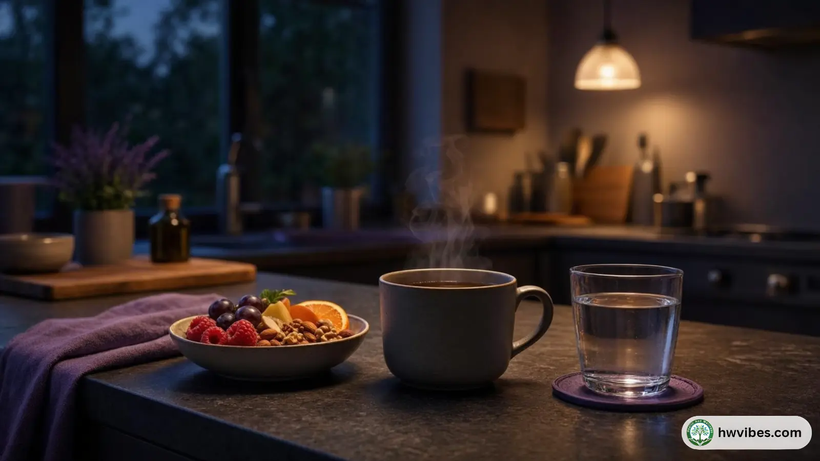 Evening kitchen scene with tea and a small snack, calm mood