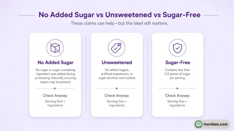 Infographic comparing no added sugar, unsweetened and sugar-free food label claims